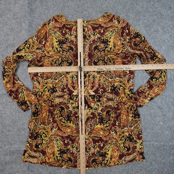 J. Jill Top Womens‎ Large Tunic Paisley Long Sleeve Crew Neck Gold Maroon Blouse - Picture 7 of 10